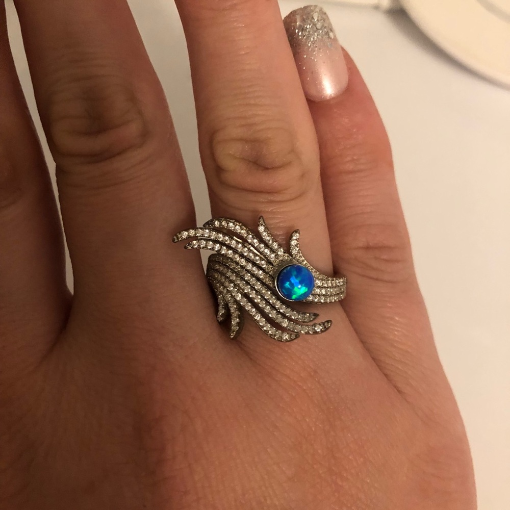 Blue opal, micro pave .925 sterling silver ring
